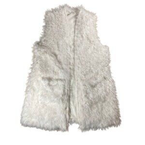 Cato Women's Long Open White Fuzzy Soft Vest with Silky-Like Lining, sz. Small